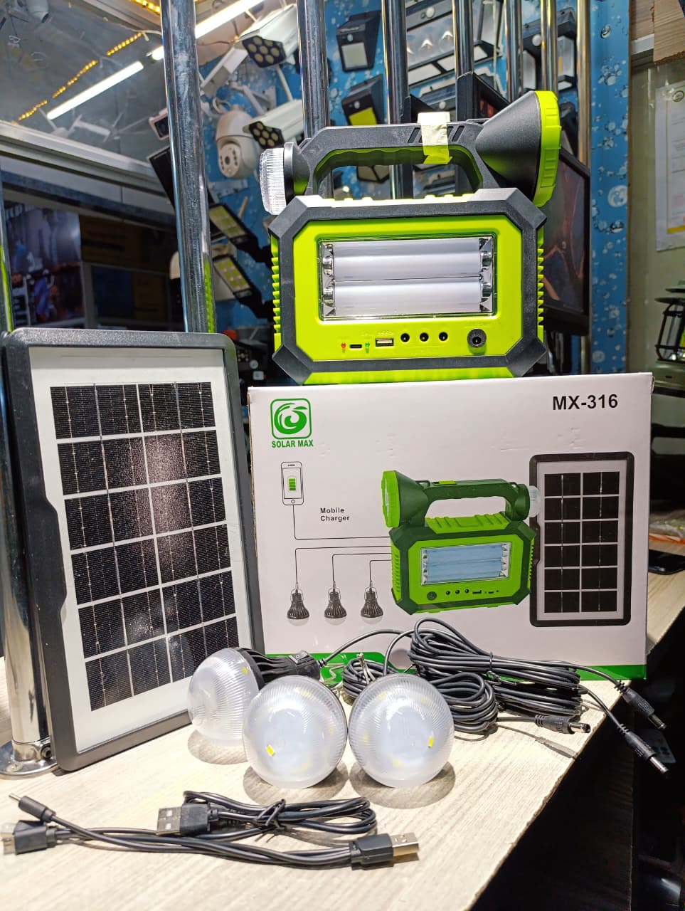Long runtime, energy-saving LEDs; 🎇Solarmax MX-316 Solar Lighting System with 3 bulbs, Mobile Charging, Emergency Lights,Torch🎇Safe, long-lasting rechargeable battery
Easy plug-and-play setup
Ideal