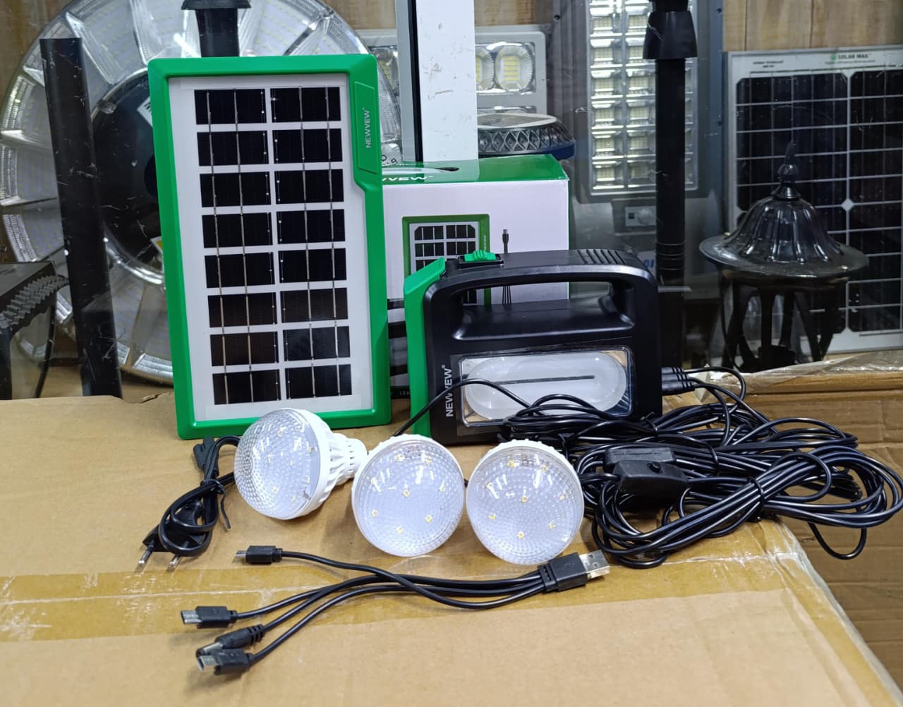 High-efficiency solar panel🎇Newvew NV-T203 Solar Lighting System with 3 LED Bulbs,Mobile Charging with cable switches🎇portable lantern has a strong carry handle plus built-in LED light on the front,