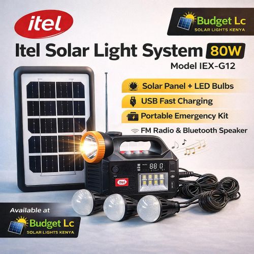 😶‍🌫️itel G12 Solar Lighting System with 3 LED lights, Radio, Bluetooth speaker and Mobile Charging🎇powerful main LED light unit, and LED bulbs for room lighting. It also features USB fast charging,
