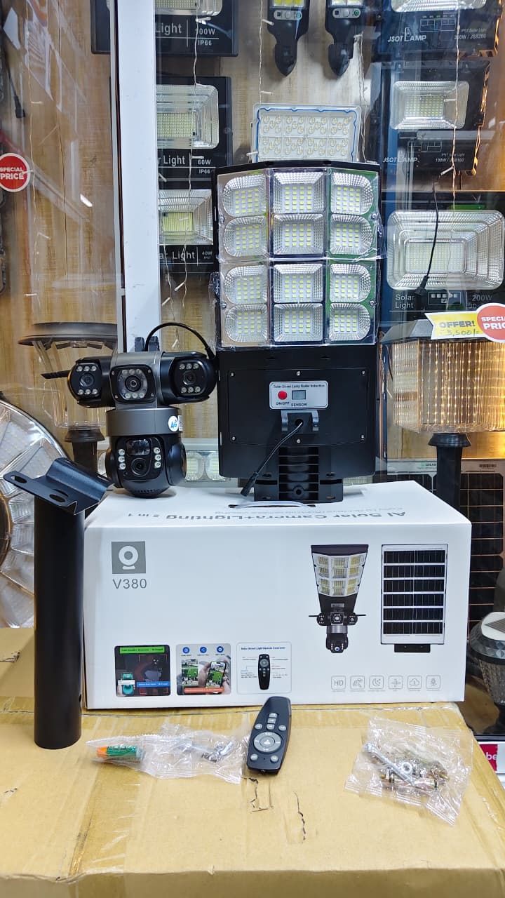Triple Lens 4G Solar Camera with Street Light* All Weather Inbuilt Solar Panel.
* Triple lens camera za 4MP.
* Motion Tracking,Two way Audio.
* v380 Pro.
* 4G simcards with Bundles.
*  Metal Pole.