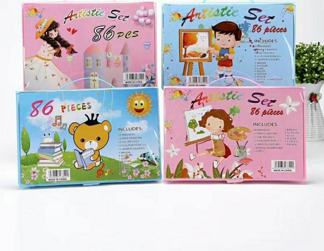 86pcs Children kids coloured pencil Artistic set . Painting Cryayon maker pen brush drawing tool set kindergarten gifts supplies.Children's educational toys are divided into 1, Lei Sudeng 2, building