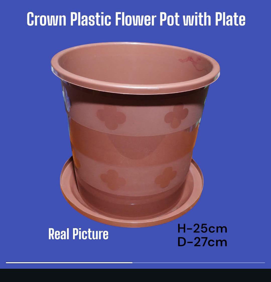 Plastic Flower Pot with Plate. 
Material: Plastic
Color: Green
Dimensions: Approximately 27cm top diameter and 25.5cm height
Origin: Made in Kenya
Features: Includes a built-in plate/dish for easy wat