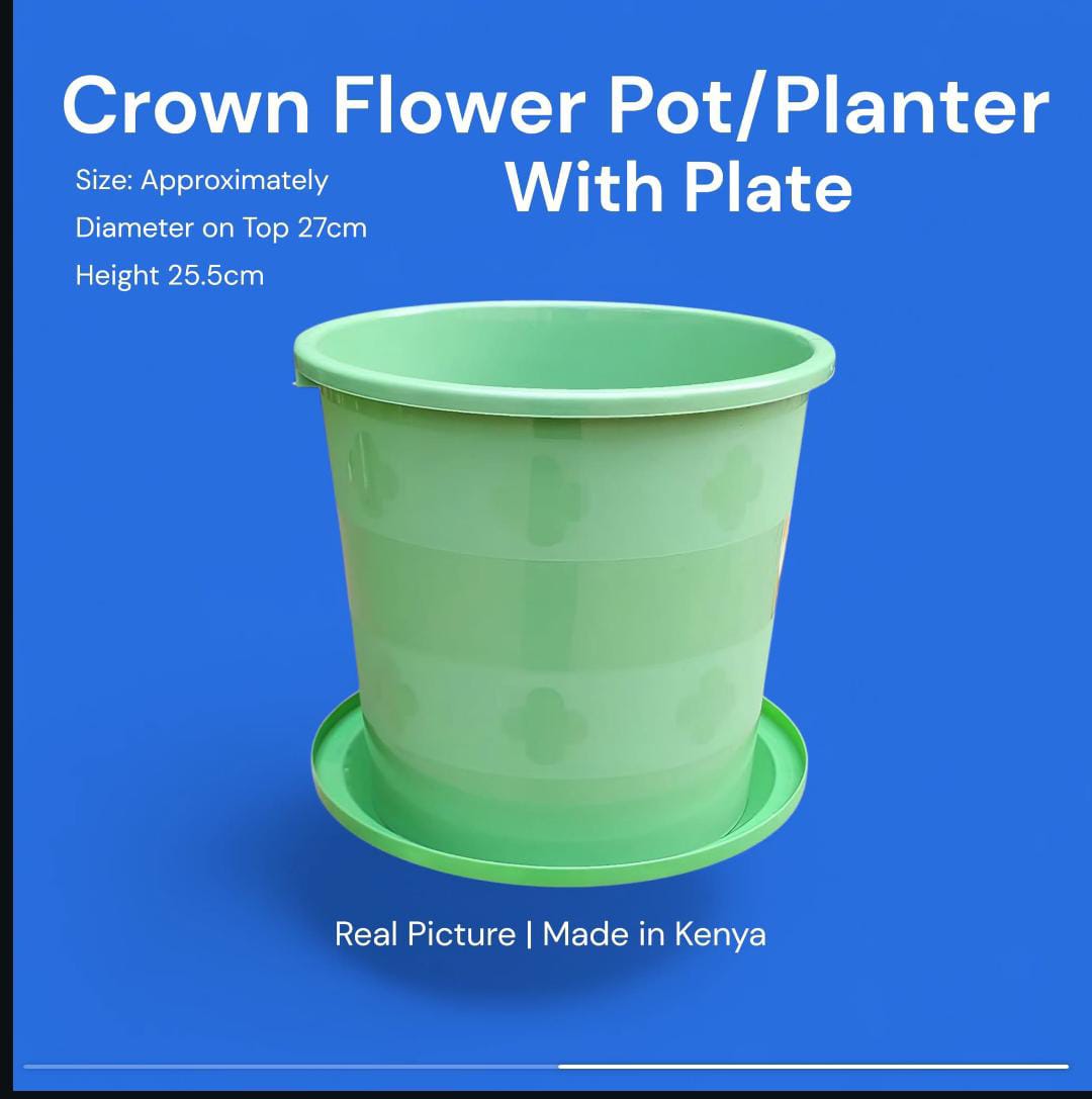 Plastic Flower Pot with Plate. 
Material: Plastic
Color: Green
Dimensions: Approximately 27cm top diameter and 25.5cm height
Origin: Made in Kenya
Features: Includes a built-in plate/dish for easy wat