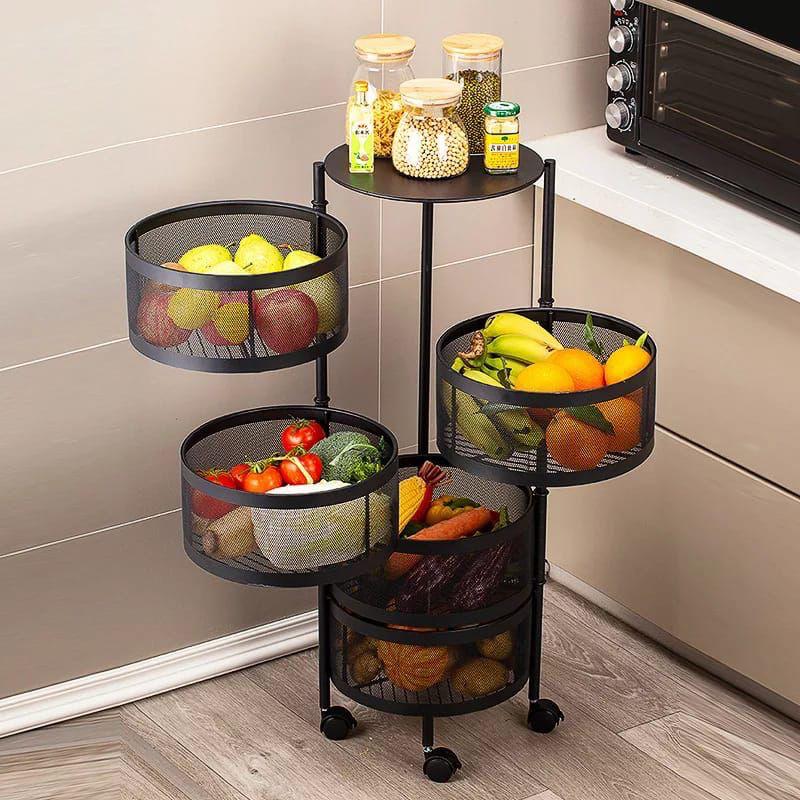 5 Tier Rotating Multi Purpose Rack, with Wheels - Organizer for Fruits and Vegetables, Bathroom Shelf, Kitchen Organization and Storage, Mobile Utility Cart for Living Room - Ideal for Home