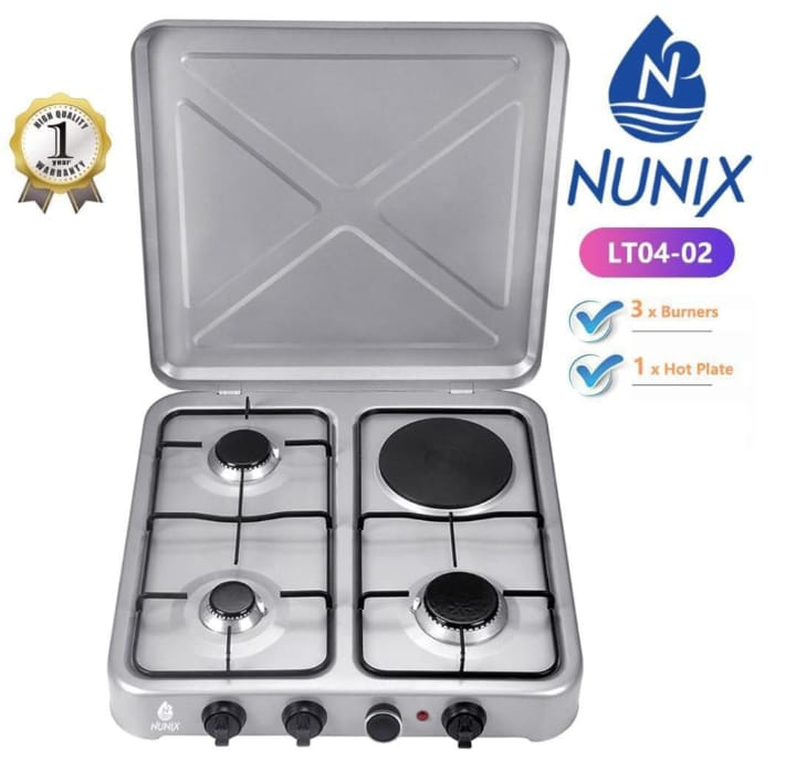 Nunix Table Top Cooker 3 Gas + 1 Electric Burner – Multifunctional Stainless Steel Gas & Electric Cooker for Fast, Efficient and Flexible Home Cooking