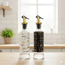 500ml Marble Glass Oil Jar – Elegant Leak-Proof Oil and Vinegar Dispenser with Bamboo Lid for Cooking, Salad, and Kitchen Décor