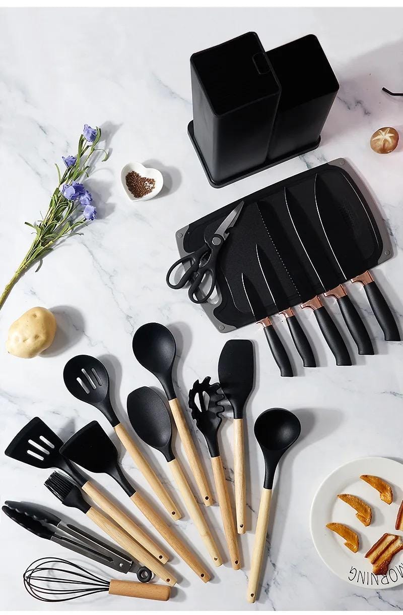19pcs Executive Silicone Cooking Utensil Set – Premium Non-Stick, Heat-Resistant Kitchen Tools with Wooden Handles, Food-Grade BPA-Free Silicone, Ideal for Home, Hotel, and Professional Chefs