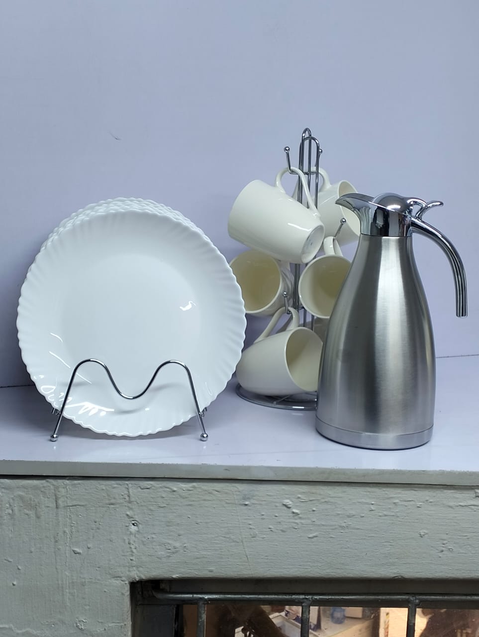Ceramic 13 pcs dinner set 6 plates 6 cups, 2Liter Unbreakable Flask. Strong  mugs in big value pack provide insulation to keep drinks warmer for longer. Made with thick comfortable grip ergonomic hand