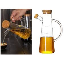 Glass Oil & Vinegar Jar with Bamboo Lid – 580ml Capacity, Leak-Proof Design, Elegant and Durable, Ideal for Kitchen, Dining, and Table Use, Easy Pouring and Storage