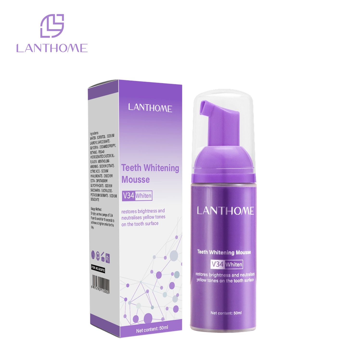 Lanthome V34 teeth whitening and stain remover mousse Colour Corrector restores brightness and neutralises yellow tones on the tooth surface