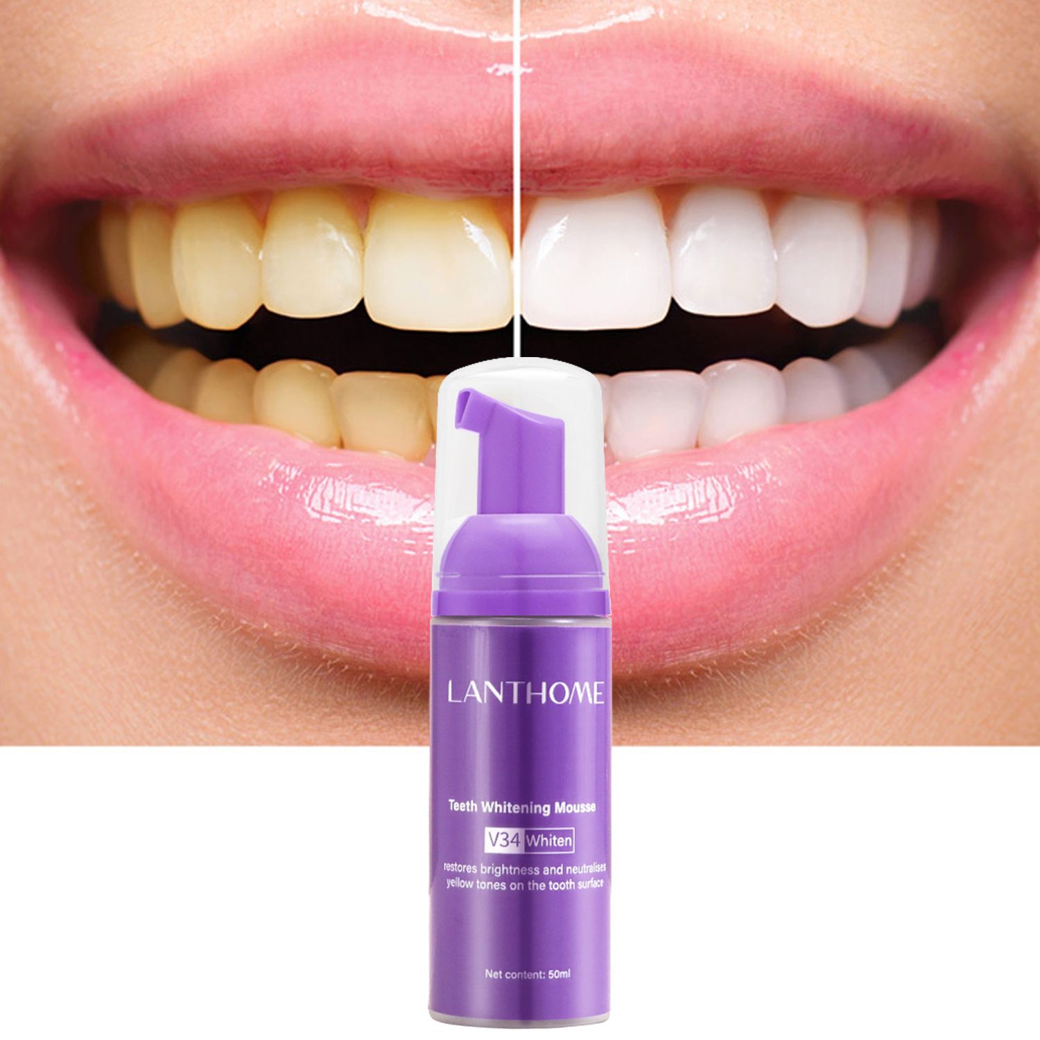 Lanthome V34 teeth whitening and stain remover mousse Colour Corrector restores brightness and neutralises yellow tones on the tooth surface