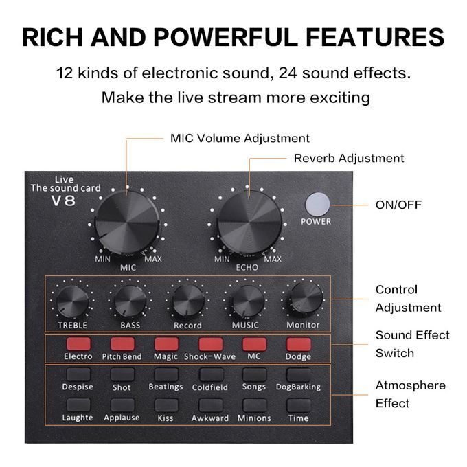 V8 Sound Card Live Show Audio Effects With DJ Mixer