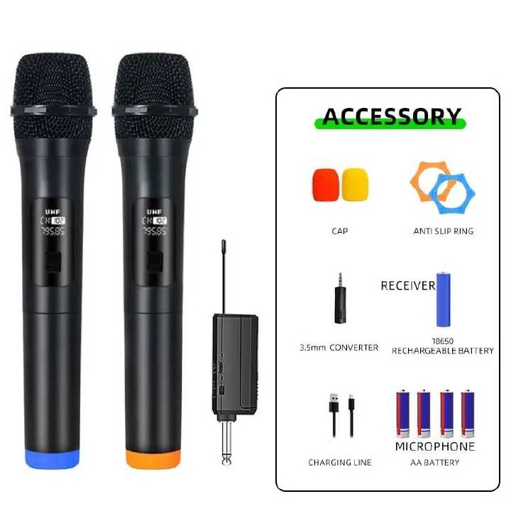 Wireless Microphone System  for Karaoke, Church, Party, Singing, Outdoor, Live Broadcast, Hosting, Professional Handheld 2-Channel UHF Microphone  + Free Batteries