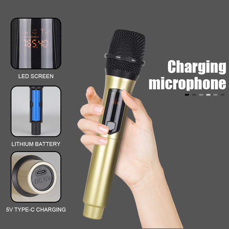 2-Channel Rechargeable UHF Wireless Microphone System + Free Batteries for Karaoke, Church, Party, Singing, Outdoor, Live Broadcast, Hosting, Professional Handheld Microphone