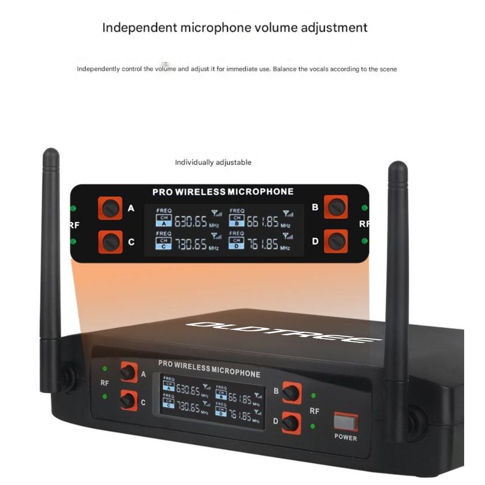 OLDTREE 4-Channel UHF Dynamic Wireless Microphone System for Karaoke, Church, Party, Singing, Outdoor, Live Broadcast, Hosting, Professional, Handheld