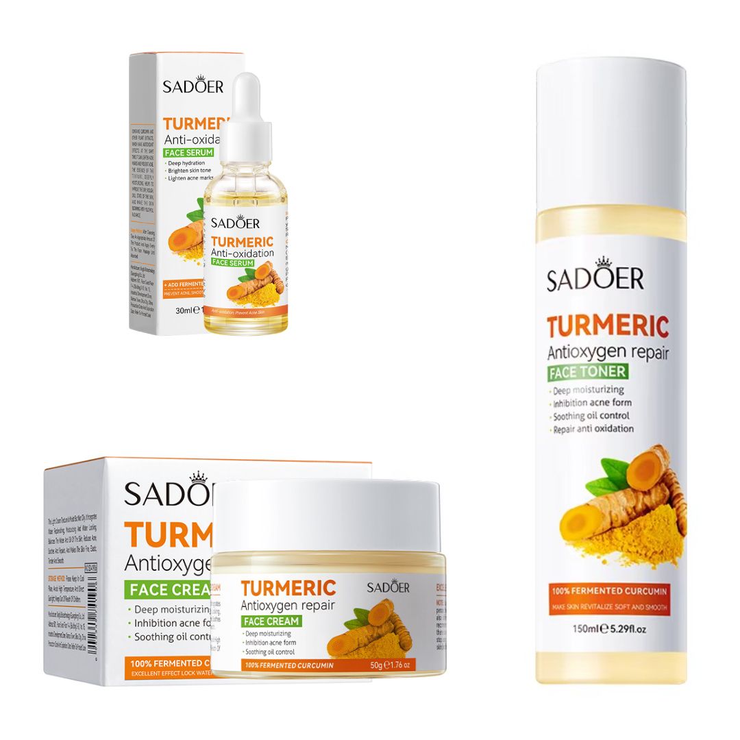 SADOER Turmeric 3-in-1 Skincare Set for Acne, Dark Spots & Glowing Skin | Face Toner, Face Serum & Face Cream