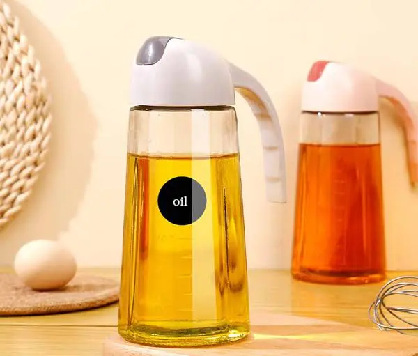 Auto Flip Olive Oil Dispenser Bottle Clear Glass Oil Bottle with Scale Leakproof Condiment Container for Kitchen Cooking Non-drip Spout, 630ml
