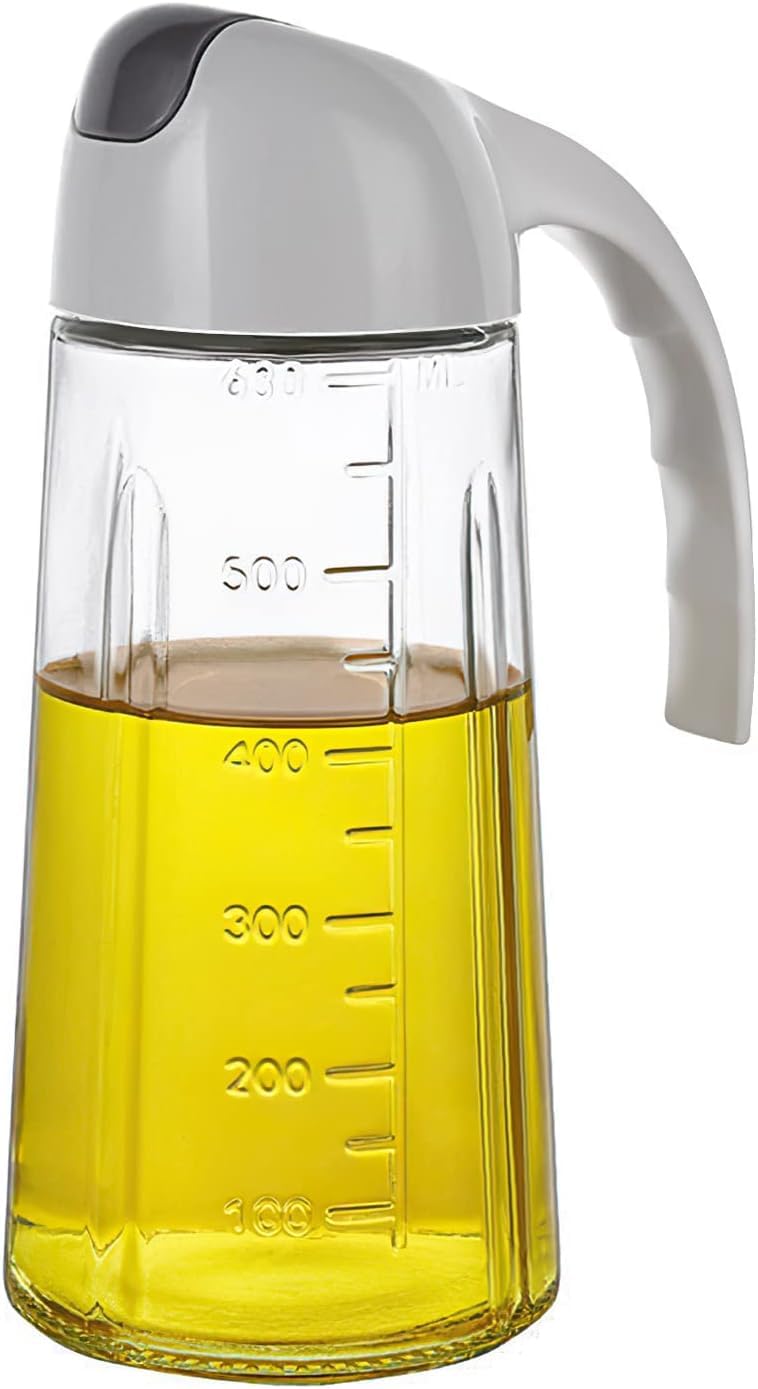 Auto Flip Olive Oil Dispenser Bottle Clear Glass Oil Bottle with Scale Leakproof Condiment Container for Kitchen Cooking Non-drip Spout, 630ml