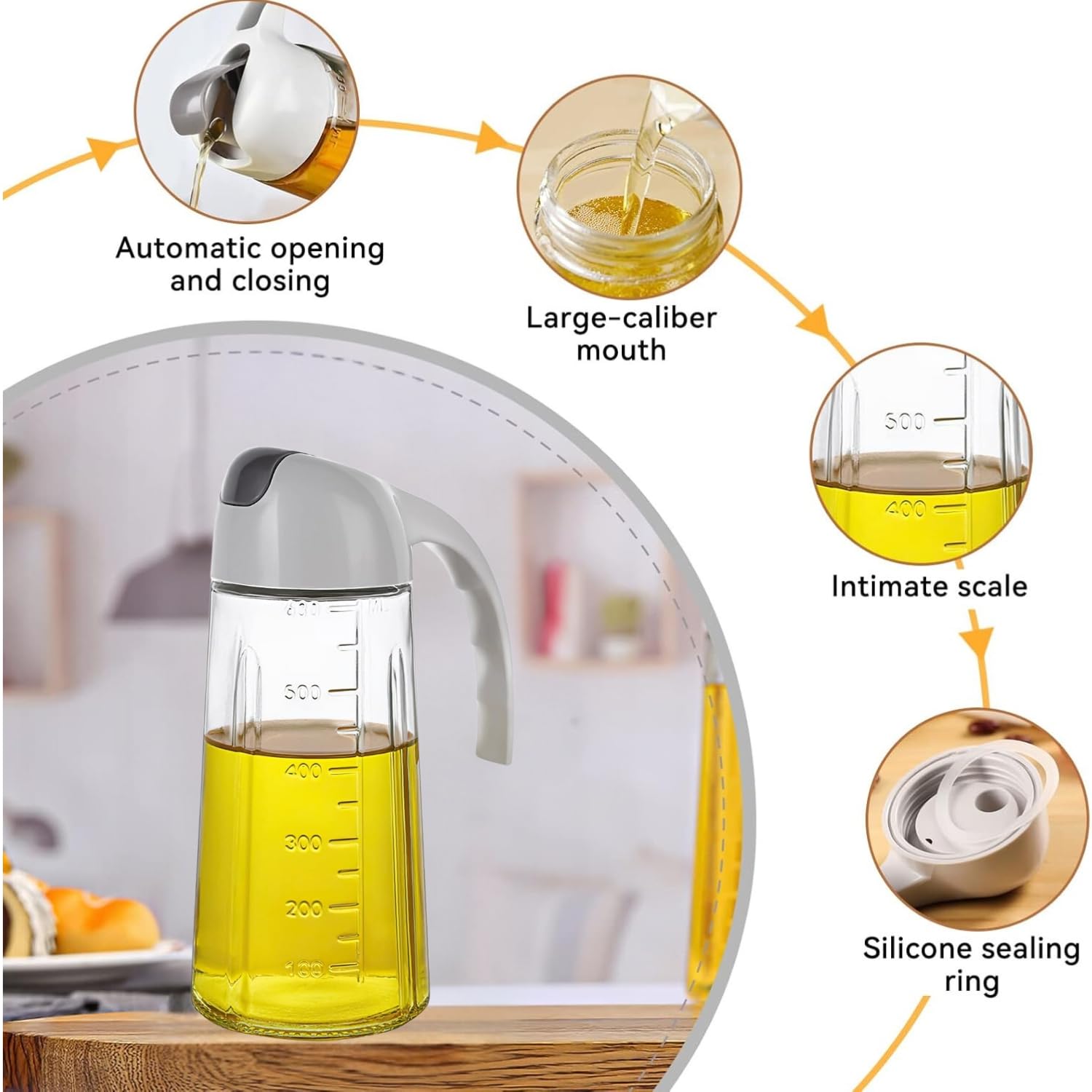 Auto Flip Olive Oil Dispenser Bottle Clear Glass Oil Bottle with Scale Leakproof Condiment Container for Kitchen Cooking Non-drip Spout, 630ml