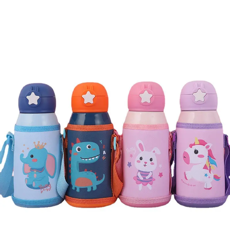 Children thermo bottle thermocup with straw | 500ml Kids Thermos Mug With Straw Stainless Steel Vacuum Flasks Children Cute Thermal Water Bottle Tumbler Thermocup