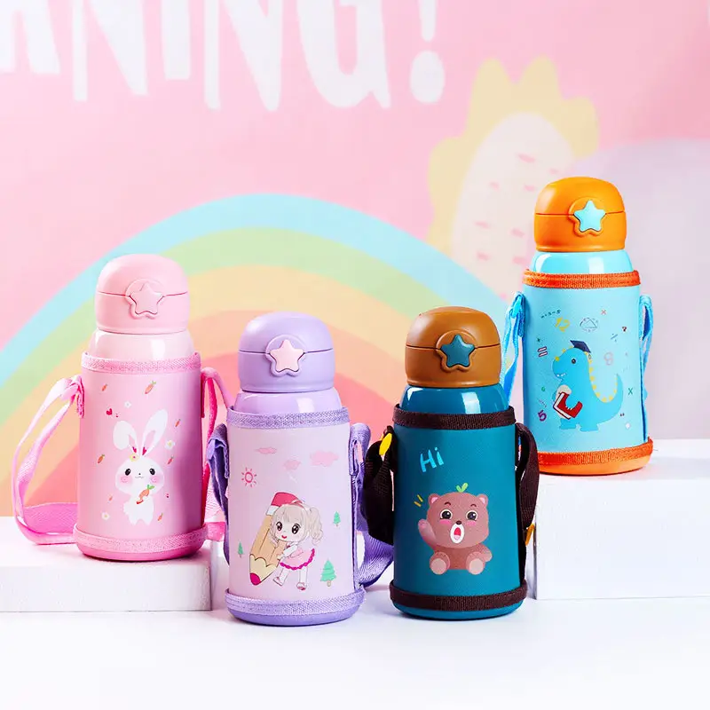 Children thermo bottle thermocup with straw | 500ml Kids Thermos Mug With Straw Stainless Steel Vacuum Flasks Children Cute Thermal Water Bottle Tumbler Thermocup