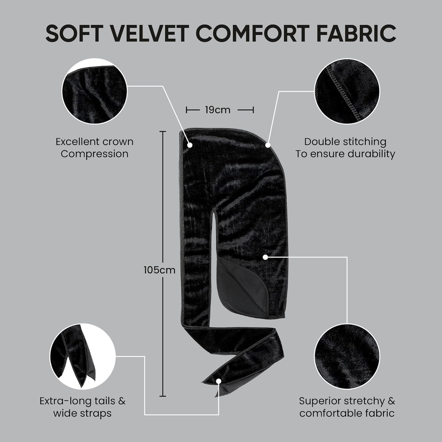 Smooth Velvet Durag for Men & Women, Long Double Wide Straps, Premium Velvet Durag for Men and Women - Ultra Soft and Comfortable | Custom Hair Styling for 360 Waves, Curls, Dreadlocks