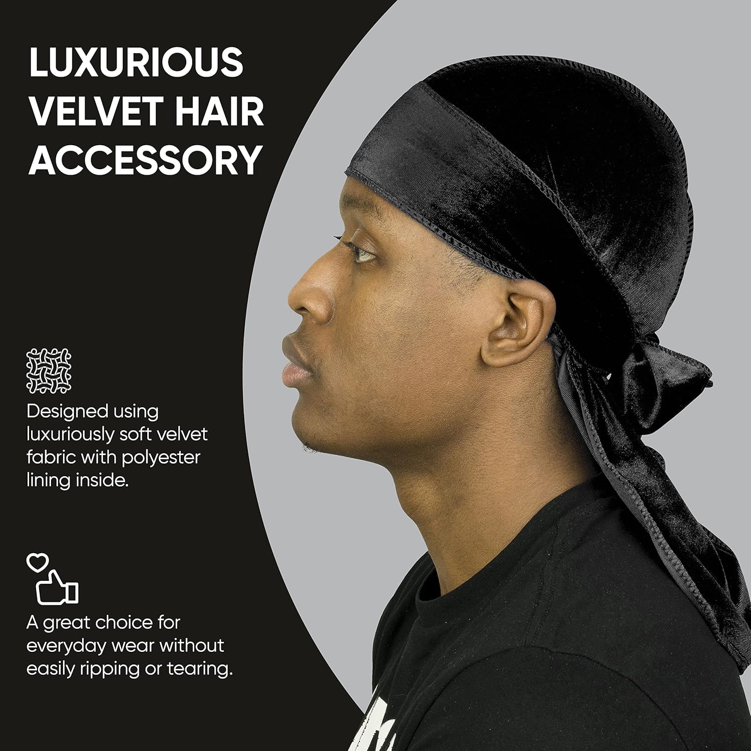Smooth Velvet Durag for Men & Women, Long Double Wide Straps, Premium Velvet Durag for Men and Women - Ultra Soft and Comfortable | Custom Hair Styling for 360 Waves, Curls, Dreadlocks