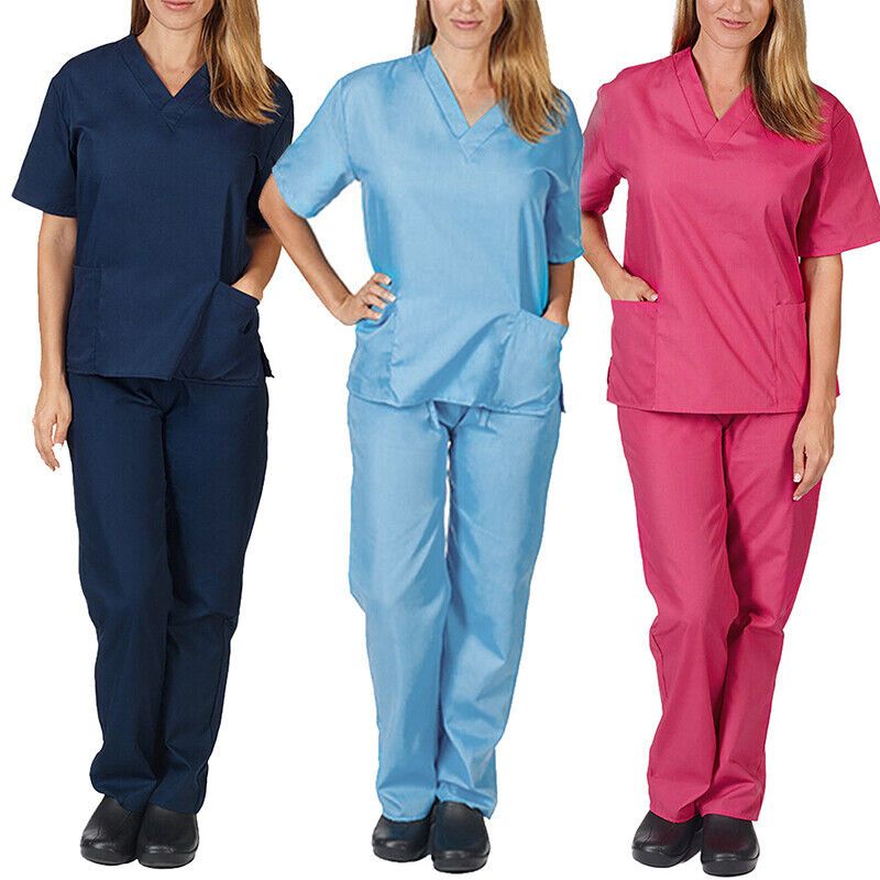 Medical Scrubs, Scrubs Set 2 Piece Nurse Uniforms V Neck Scrubs tops & Pocket Pants Matching Workwear Sets | Classic Scrubs Sets Stretch waist V-Neck Top and Pants Nurse Uniforms Workwear Outfits
