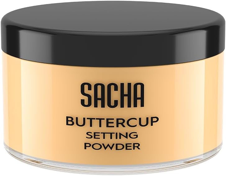 Sacha Buttercup Setting Makeup Powder | Sacha Cosmetics BUTTERCUP POWDER. No ashy flashback in selfies and photos. Flash-friendly loose face powder for medium to deep skin tones. 1.25 oz