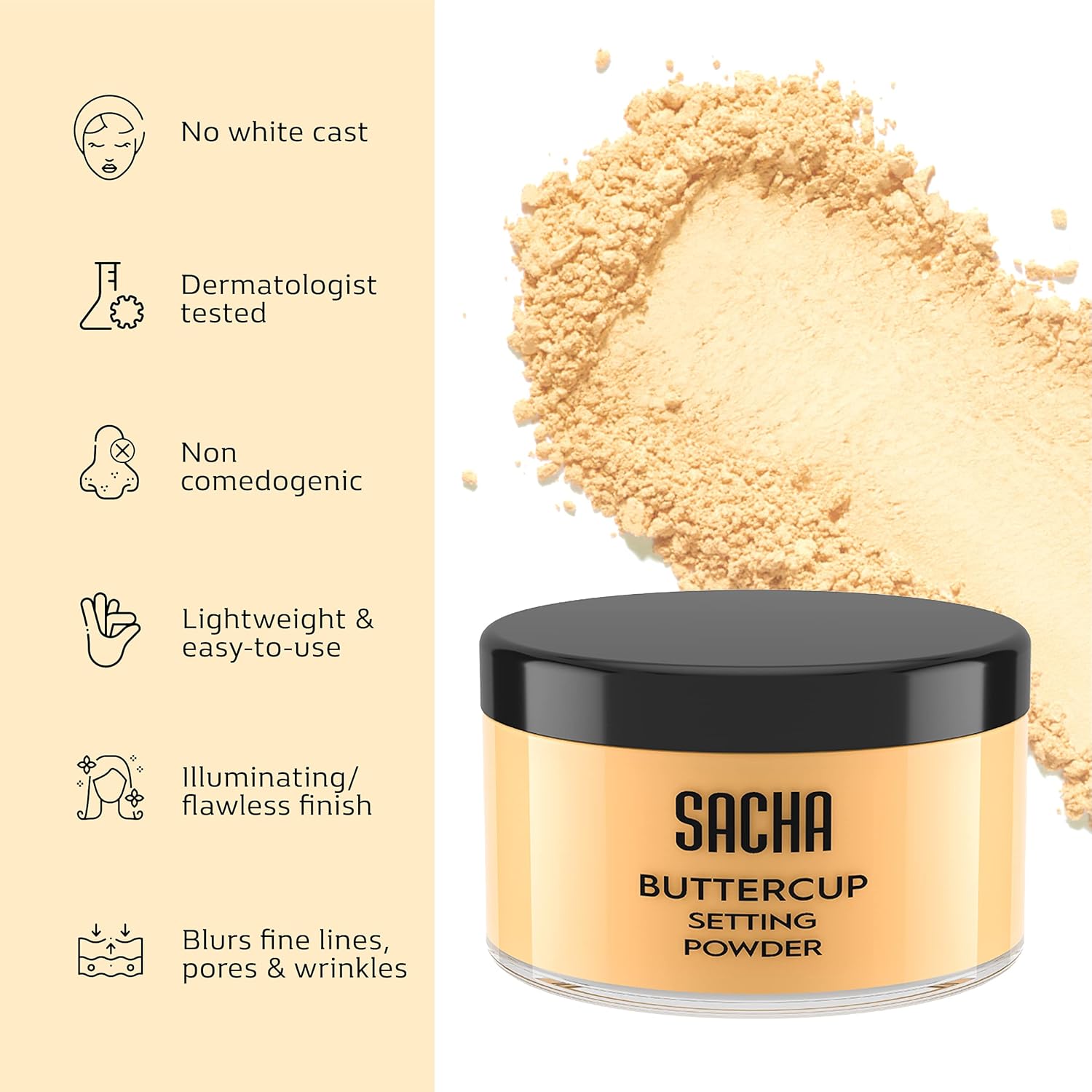 Sacha Buttercup Setting Makeup Powder | Sacha Cosmetics BUTTERCUP POWDER. No ashy flashback in selfies and photos. Flash-friendly loose face powder for medium to deep skin tones. 1.25 oz