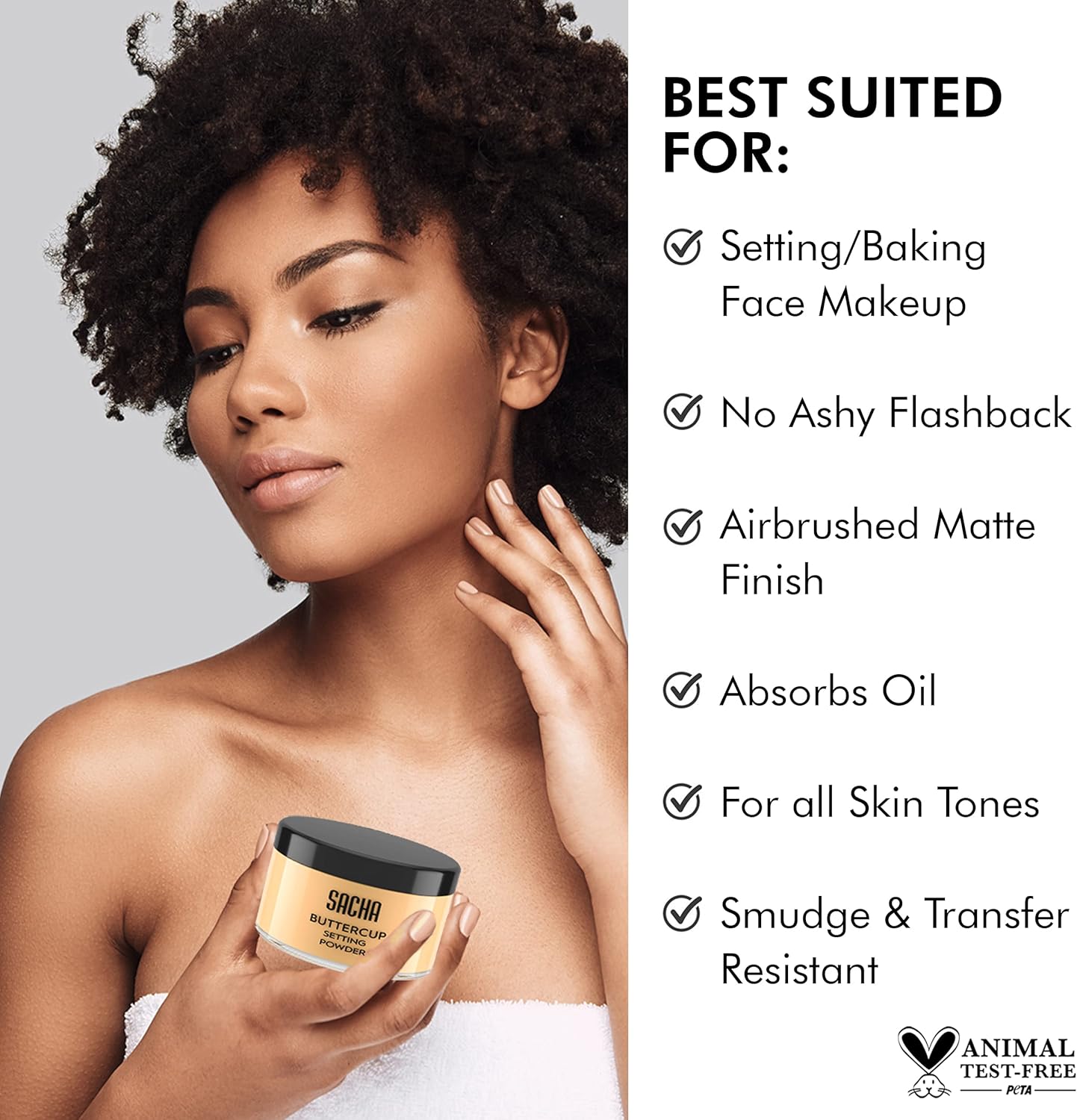 Sacha Buttercup Setting Makeup Powder | Sacha Cosmetics BUTTERCUP POWDER. No ashy flashback in selfies and photos. Flash-friendly loose face powder for medium to deep skin tones. 1.25 oz