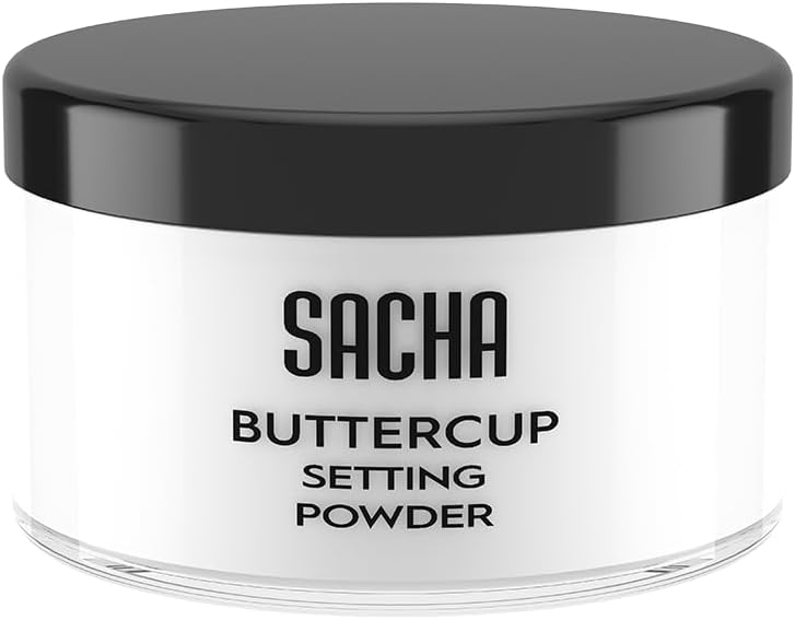 Sacha Buttercup Setting Makeup Powder | Sacha Cosmetics BUTTERCUP POWDER. No ashy flashback in selfies and photos. Flash-friendly loose face powder for medium to deep skin tones. 1.25 oz