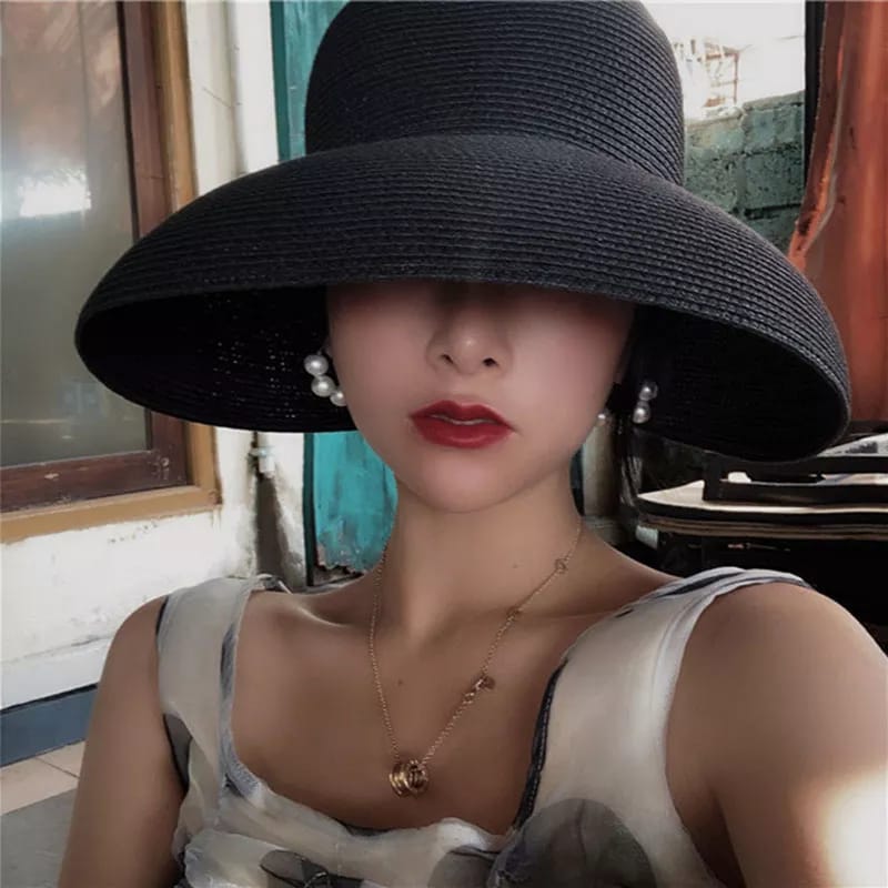 Women french style bell shaped sun hat | Women's Vintage Hepburn Straw Sun Hat Bell Shaped Wide Brim Vacation Beach Sun Cap Summer Solid Color UV Protection Travel Caps