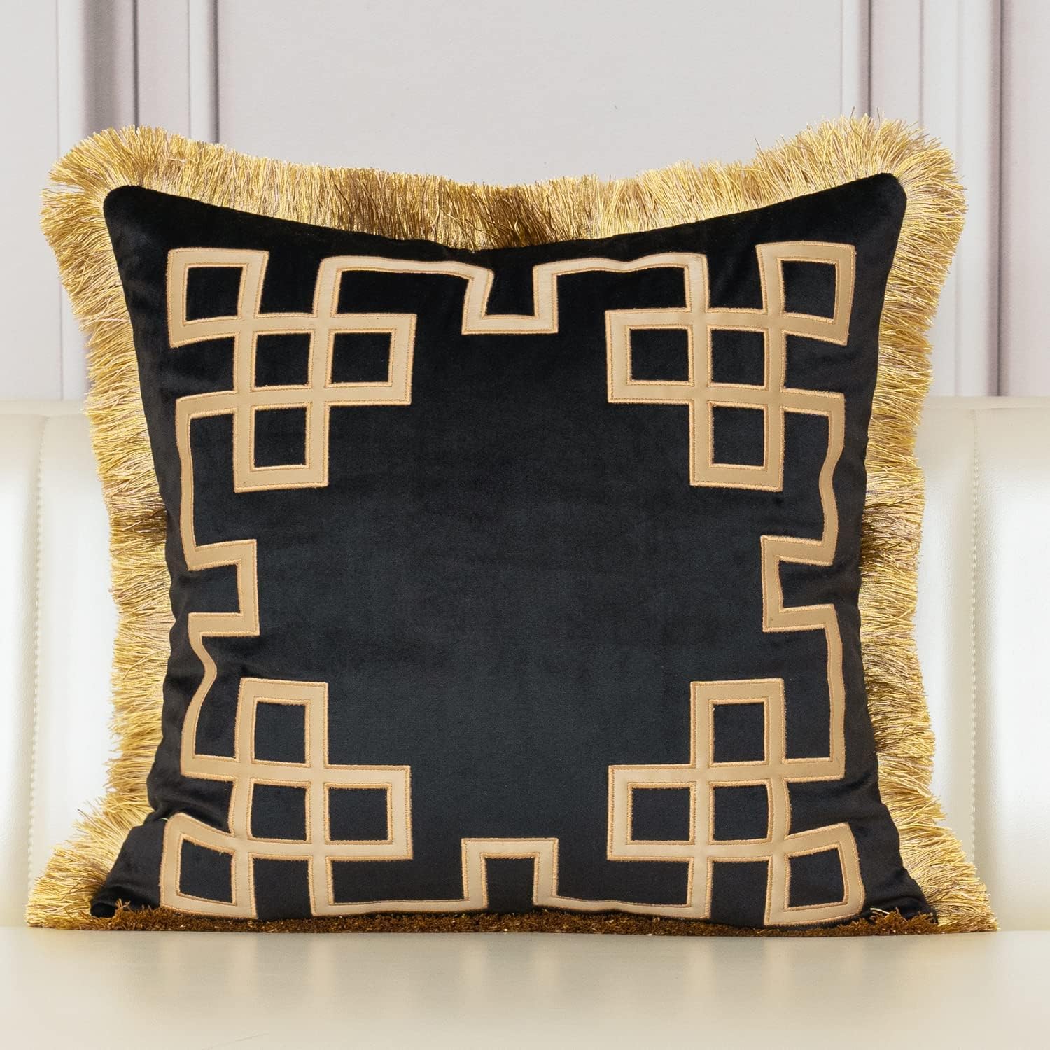 18 x 18 Inch Luxury European Home Decorative Pillow with Tassels Square Leather Geometric Chain Velvet Throw Pillow Cover Cushion Case for Sofa Bedroom Living Room Car, Gold edge