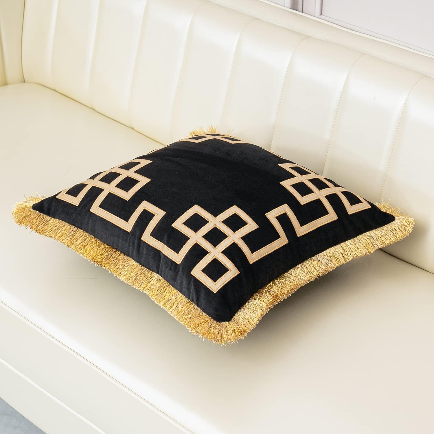 18 x 18 Inch Luxury European Home Decorative Pillow with Tassels Square Leather Geometric Chain Velvet Throw Pillow Cover Cushion Case for Sofa Bedroom Living Room Car, Gold edge