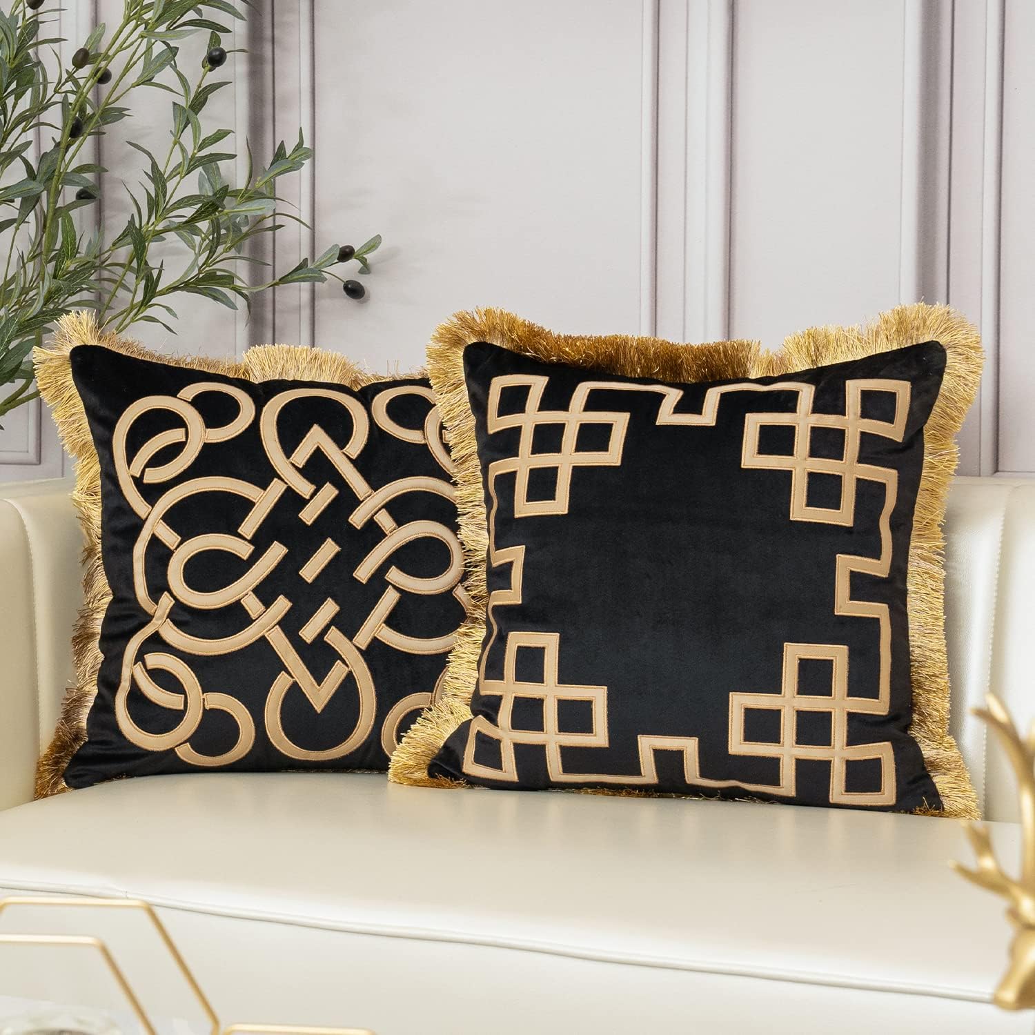 18 x 18 Inch Luxury European Home Decorative Pillow with Tassels Square Leather Geometric Chain Velvet Throw Pillow Cover Cushion Case for Sofa Bedroom Living Room Car, Gold edge