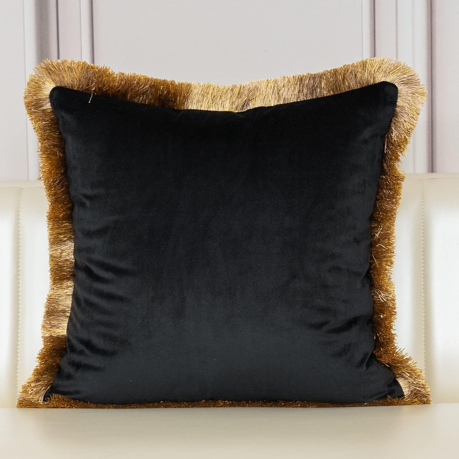 18 x 18 Inch Luxury European Home Decorative Pillow with Tassels Square Leather Geometric Chain Velvet Throw Pillow Cover Cushion Case for Sofa Bedroom Living Room Car, Gold edge