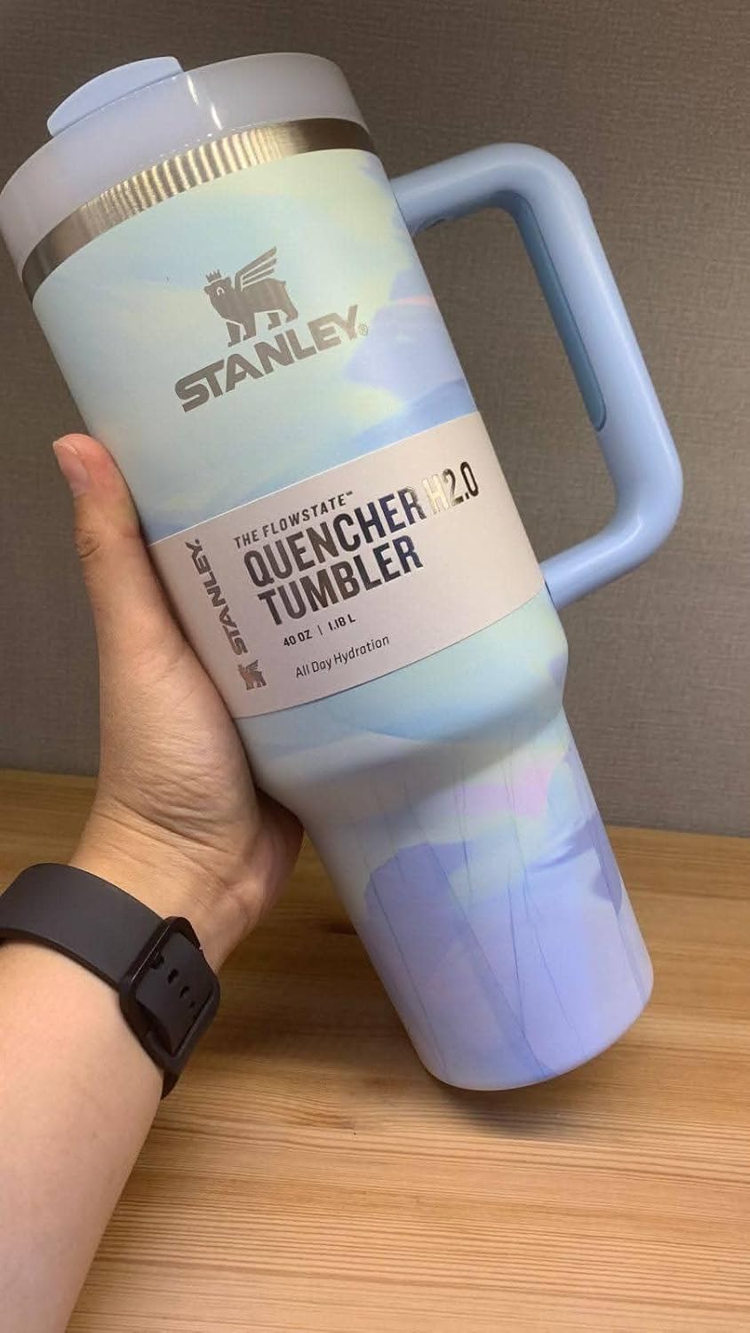 Stanley Quencher H2.0 FlowState Stainless Steel Vacuum Insulated Tumbler with Lid and Straw for Water, Iced Tea or Coffee, Smoothie and More, baby blue marble 2.0, 40oz