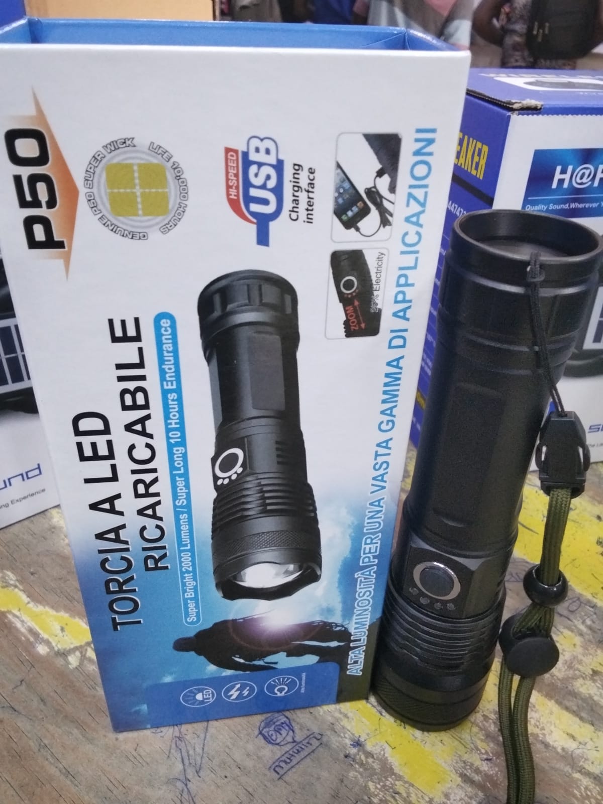 P50 Flashlight 19W 4000lm Super Bright Tactical Flashlight 5 Modes Zoomable Water Resistant Day White Light USB Rechargeable 26650 Battery Included