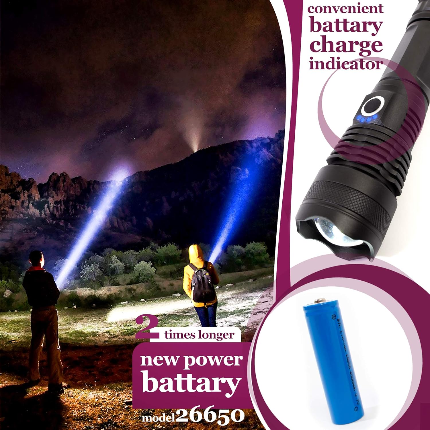 P50 Flashlight 19W 4000lm Super Bright Tactical Flashlight 5 Modes Zoomable Water Resistant Day White Light USB Rechargeable 26650 Battery Included