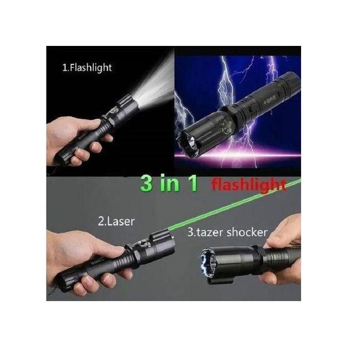 Metal Alloy Body LED Portable Rechargeable Flashlight Torch for Emergency use, 3 in 1 Hand held Tactical Torch Light Outdoor,Indoor-Super Bright Long Distance Beam Range with tazer and laser pointer