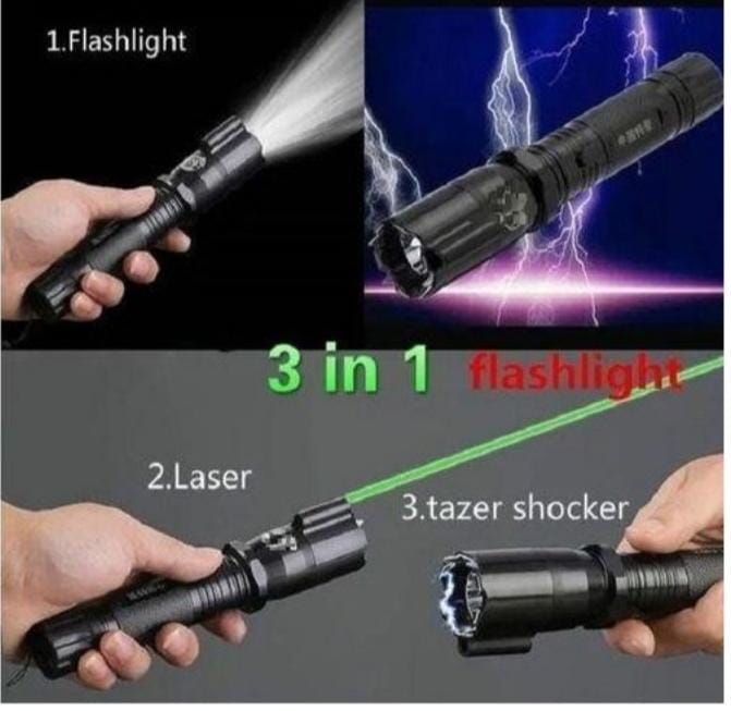 Metal Alloy Body LED Portable Rechargeable Flashlight Torch for Emergency use, 3 in 1 Hand held Tactical Torch Light Outdoor,Indoor-Super Bright Long Distance Beam Range with tazer and laser pointer