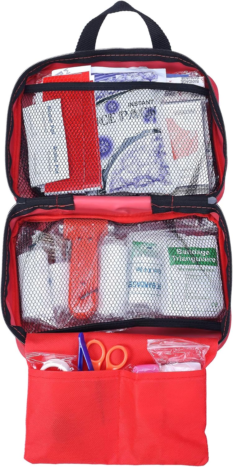 First Aid Kit for Car, Home, Travel, Camping, Office or Sports | Red Bag/Reflective Cross, Fully Stocked with Essential Supplies for Emergency and Survival