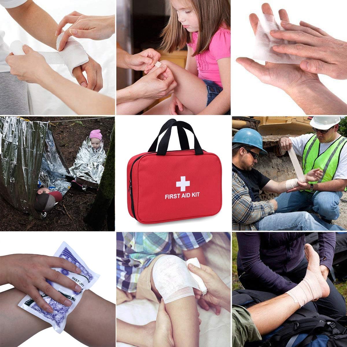 First Aid Kit for Car, Home, Travel, Camping, Office or Sports | Red Bag/Reflective Cross, Fully Stocked with Essential Supplies for Emergency and Survival