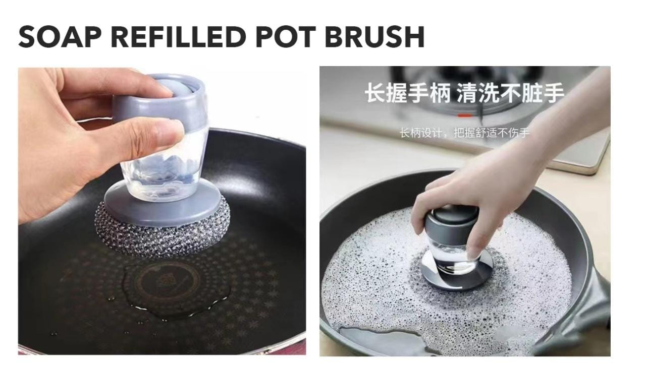 3pcs Soap Dispense Palm Scrub dishwashing Kitchen Scrubber Press Automatic Liquid wash Pot (Steel Wire)