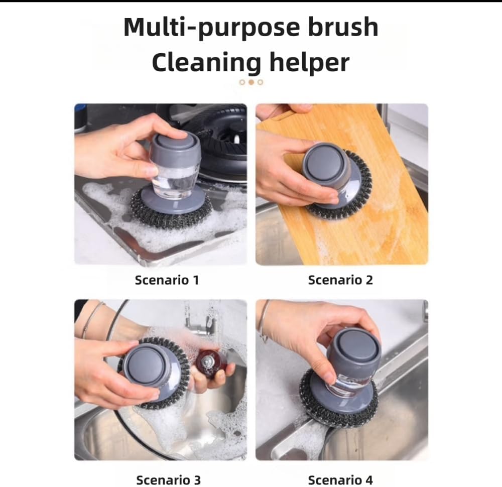 3pcs Soap Dispense Palm Scrub dishwashing Kitchen Scrubber Press Automatic Liquid wash Pot (Steel Wire)