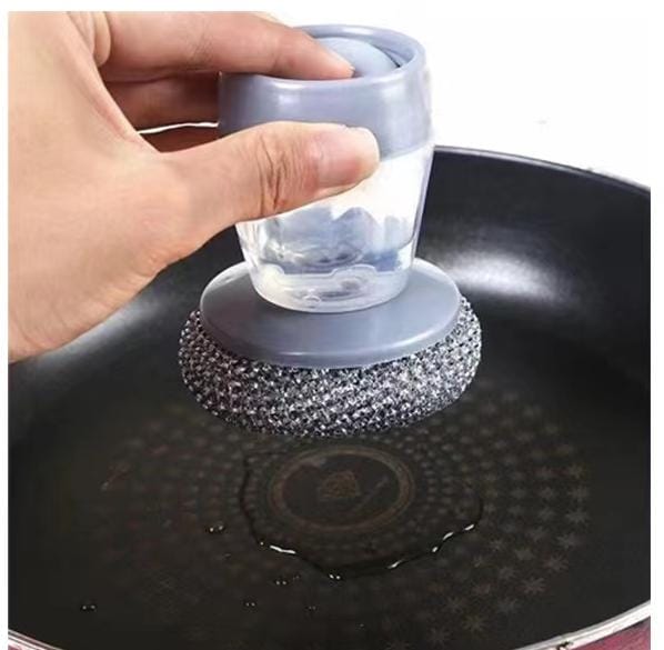 3pcs Soap Dispense Palm Scrub dishwashing Kitchen Scrubber Press Automatic Liquid wash Pot (Steel Wire)