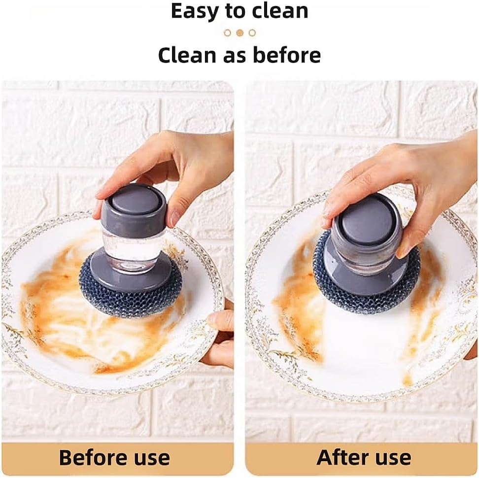 3pcs Soap Dispense Palm Scrub dishwashing Kitchen Scrubber Press Automatic Liquid wash Pot (Steel Wire)