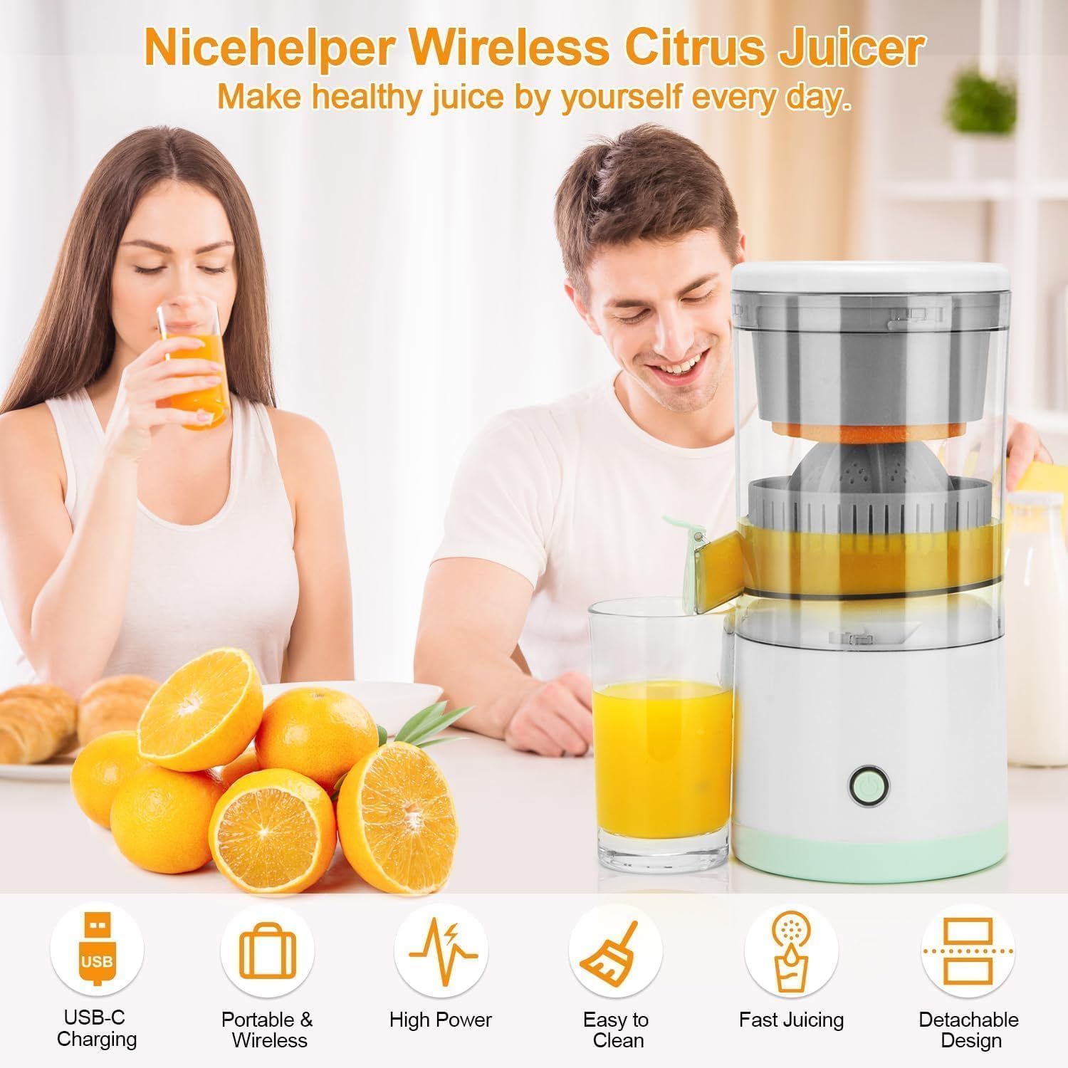 Electric Orange Juicer Machine, Wireless Citrus Press Juicer, Manual Juice Maker, Instant Juice Machine For Fruit, 200ML Capacity - 45W Mini Portable Juicers