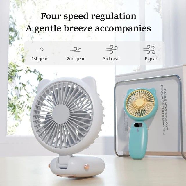 Mini Folding Electric Fan with strap, for Women, Girls & Kids. Portable Cat Ear Fan,  Rechargeable Small Fan. Great Wedding Gift: this mini fan is adjustable and allows you to adjust between 3 gear